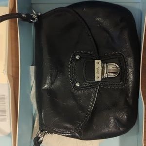 COACH Poppy Black Leather Push Lock Oval Wristlet